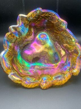 Vintage Carnival Glass Iridescent Glass Leaf Berries Bowl Trinket Candy Dish